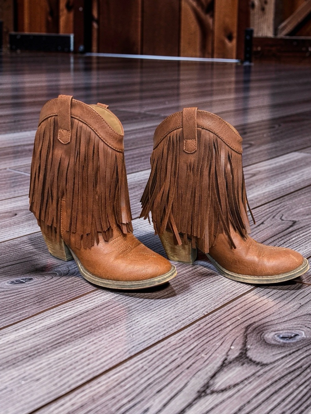 Jelly Pop Fringe Cowboy Boots Heeled Booties Brown Size 6.5